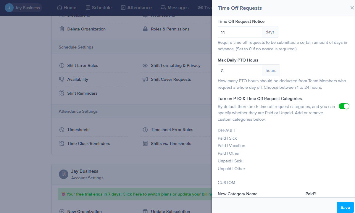 Screenshot showing ZoomShift's notice period settings.