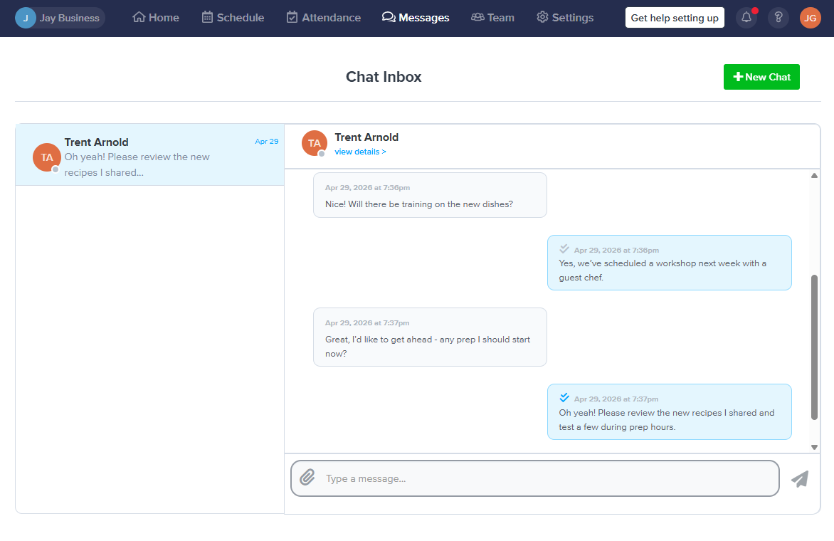 Screenshot showing ZoomShift's web chat.
