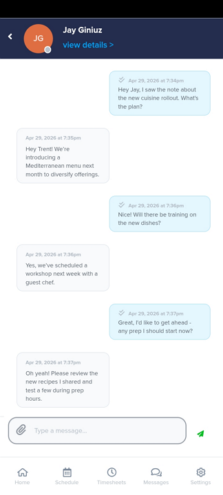 Screenshot showing ZoomShift's mobile chat.